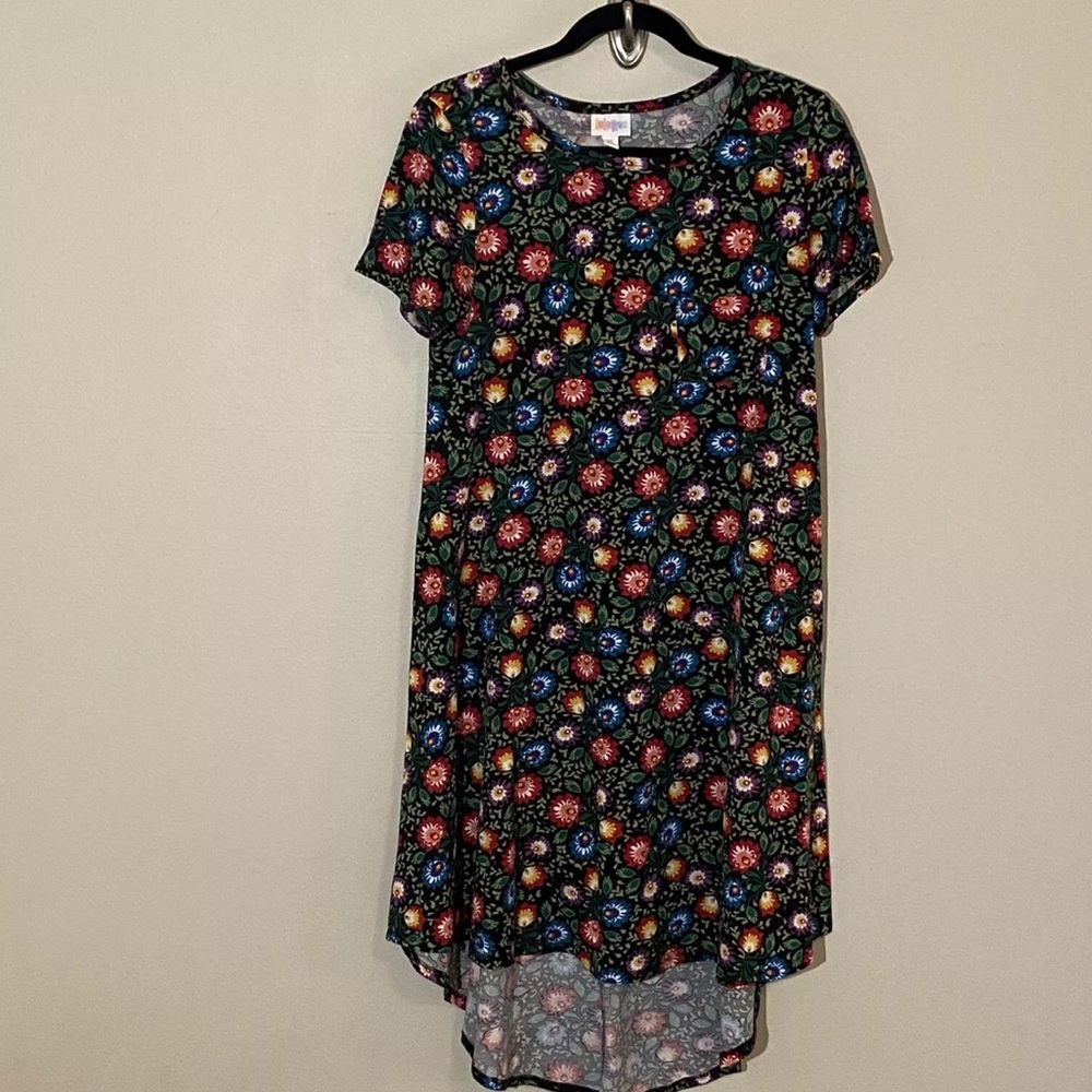 Lularoe Carly Swing Dress Sz Xs Extra Small Black Blue Red Floral Flower Twirl
